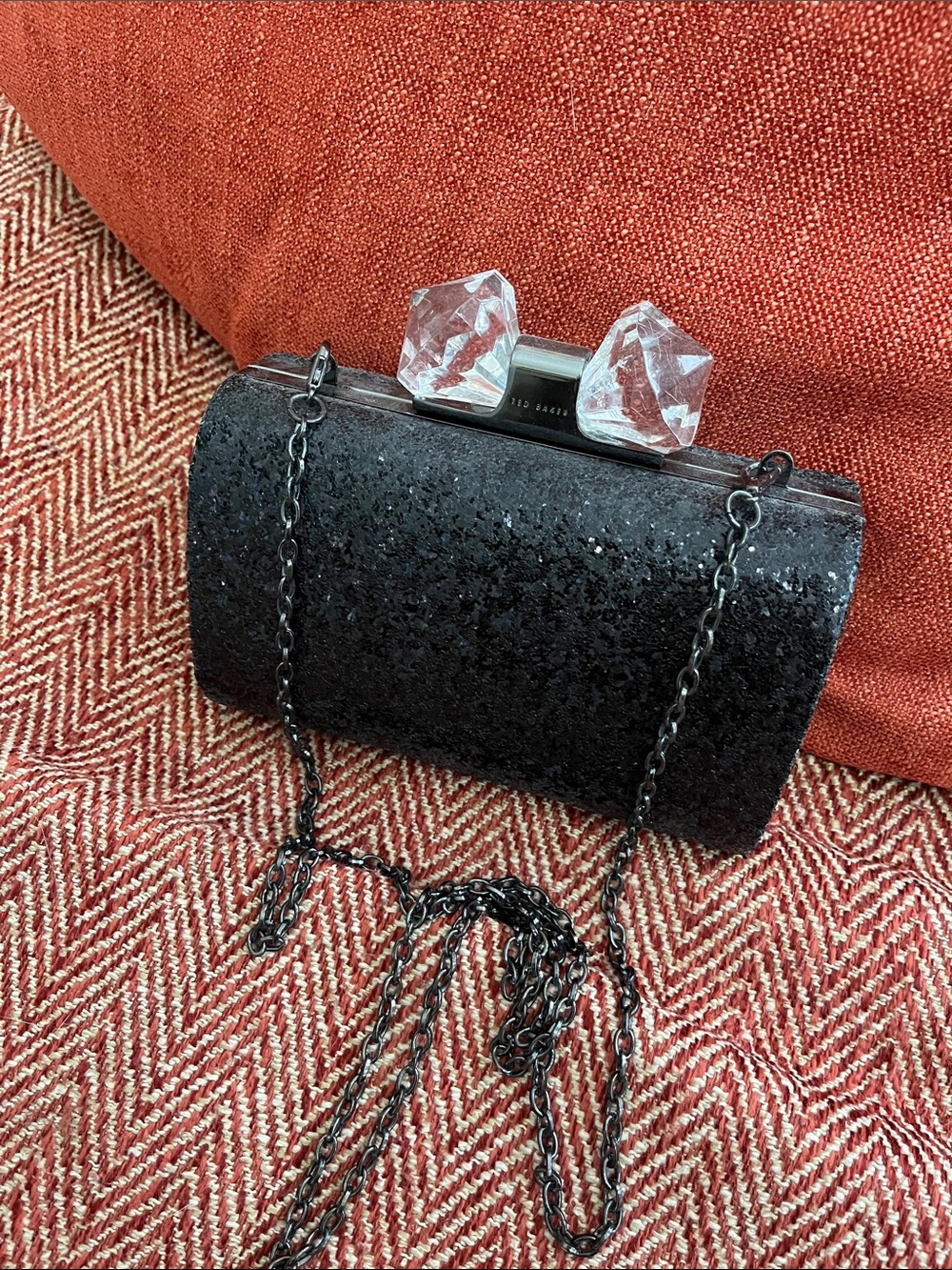 Ted Baker London Black Glitter Evening Clutch with Crystal Knob